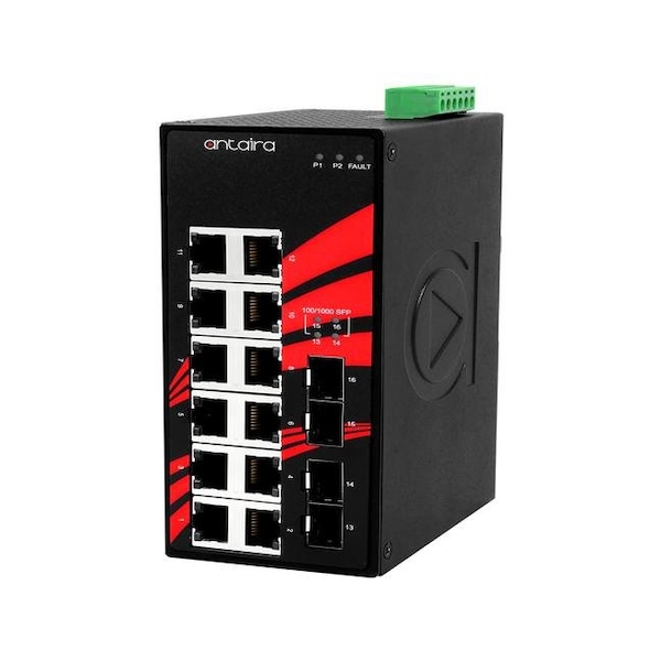 Antaira 16-Port Industrial Gigabit Unmanaged Ethernet Switch, w/12*10/100/1000Tx + 4*100/1000 SFP Slots; EOT LNX-1604G-SFP-T - main